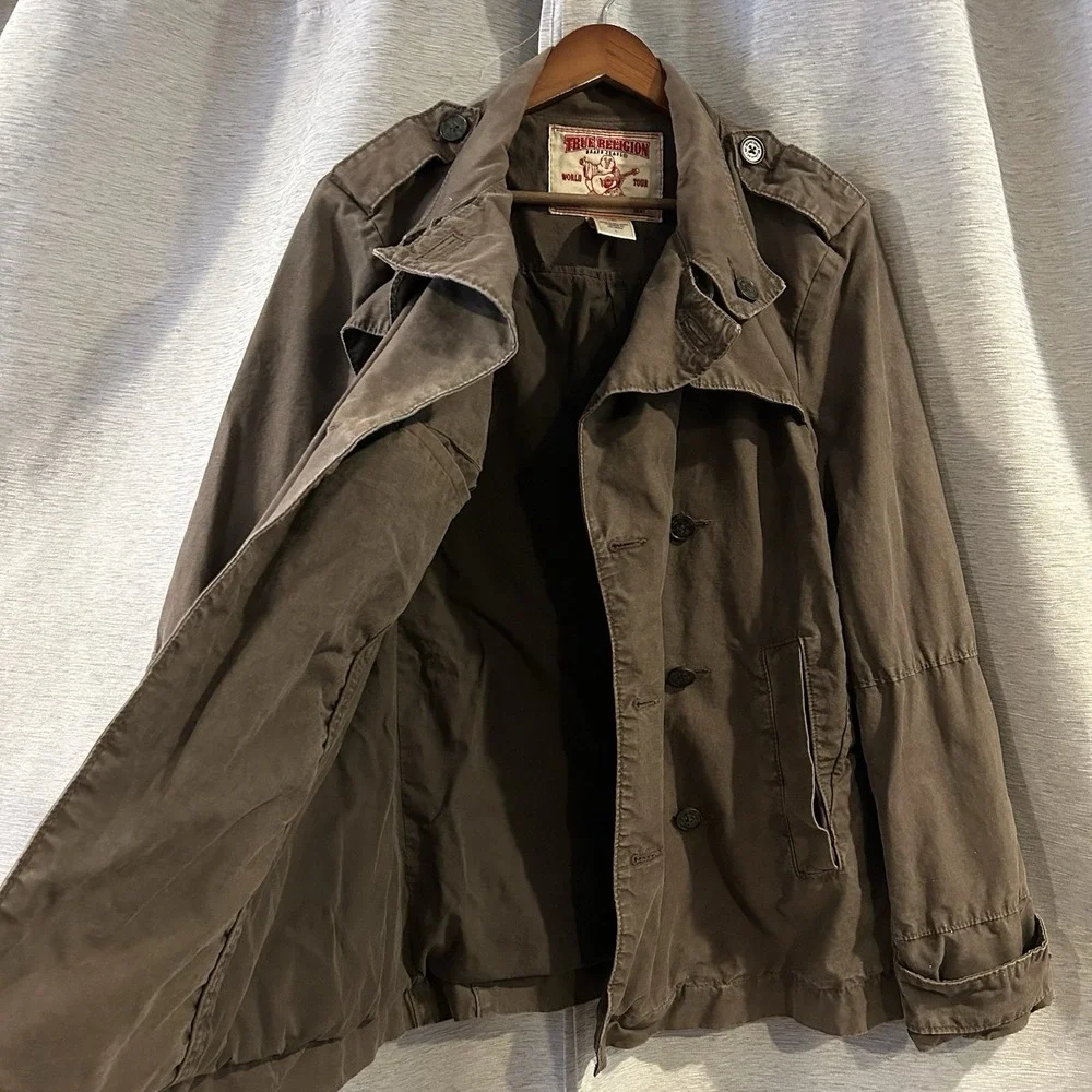 True‎ Religion Double Breasted Cotton Pea Coat Military Green Brown Jacket Large